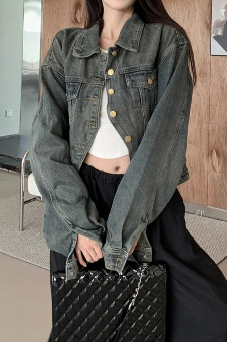 Cropped Solid Denim Jacket