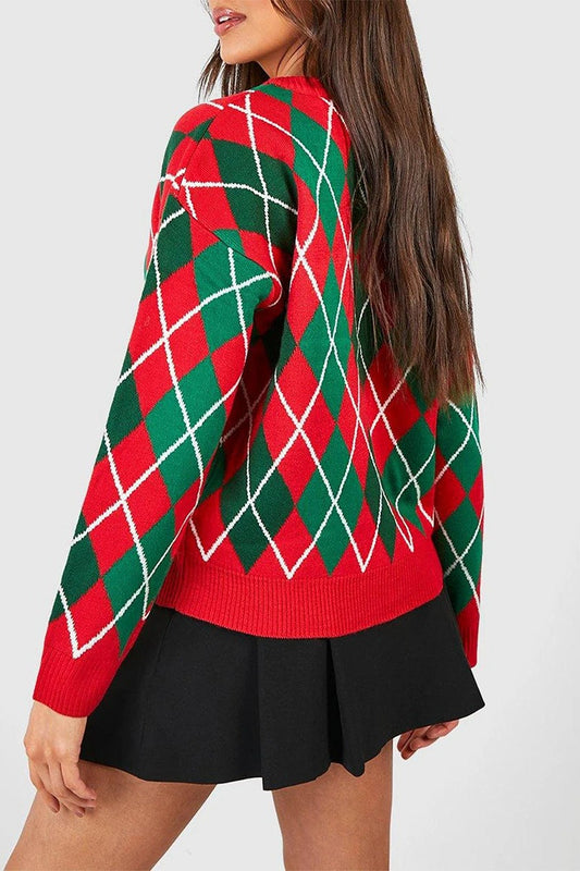 Vintage Argyle V Neck Button Christmas Cardigan