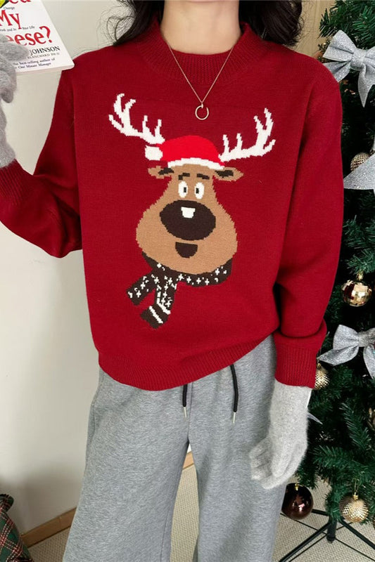 Christmas Crew Neck Color Block Christmas Deer Sweater