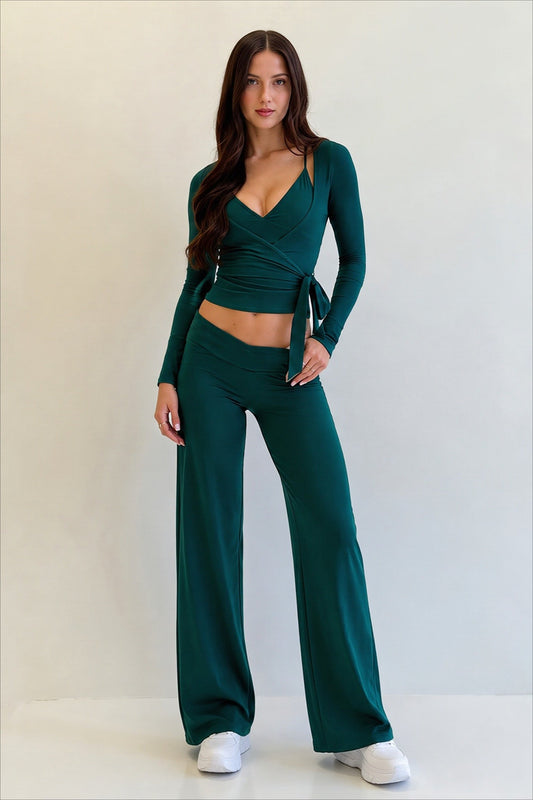 V-Neck Cami Lace-Up Top Pants Three-Piece Set
