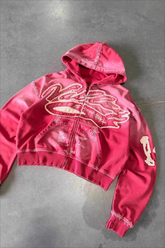 Washed Embroidered Graphic Zip Front Hoodie