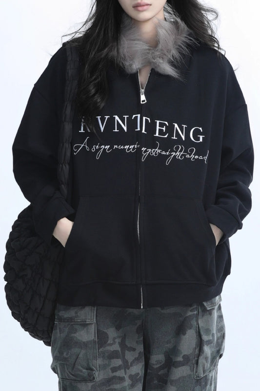Fur Collar Oversized Zip Hoodie