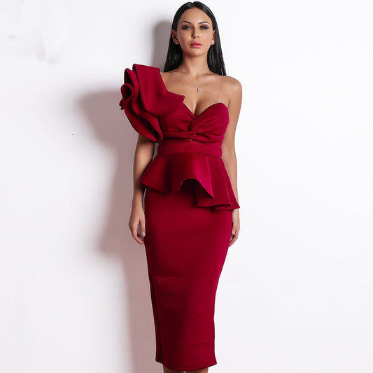 Party Formal Cocktail Evening off-Shoulder Ruffled Backless Dinner Dress