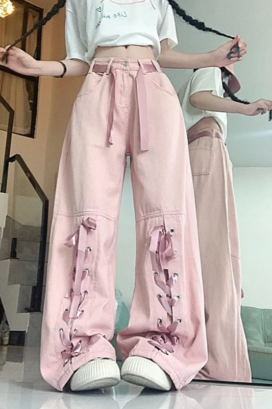Pink Bow Tie Wide Leg Cargo Jeans