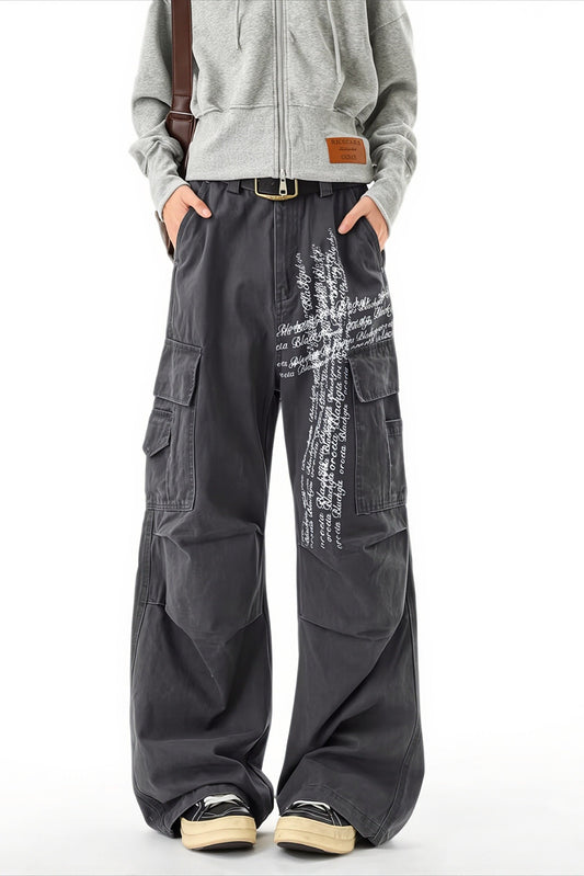 Distressed Cross Print Multi-Pocket Cargo Jeans