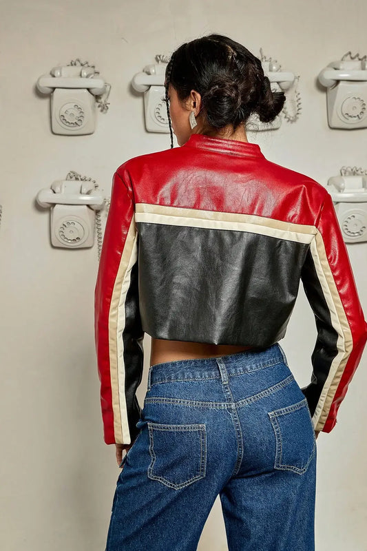 Studded Colorblock PU Moto Jacket