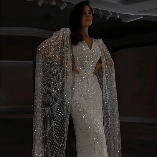 White Feather Mermaid Evening Dresses Cape Sleeves