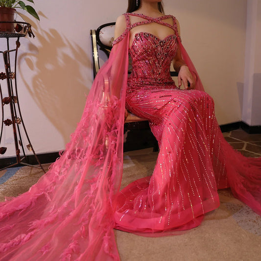 Turquoise Mermaid Evening Gown with Cape Sleeves