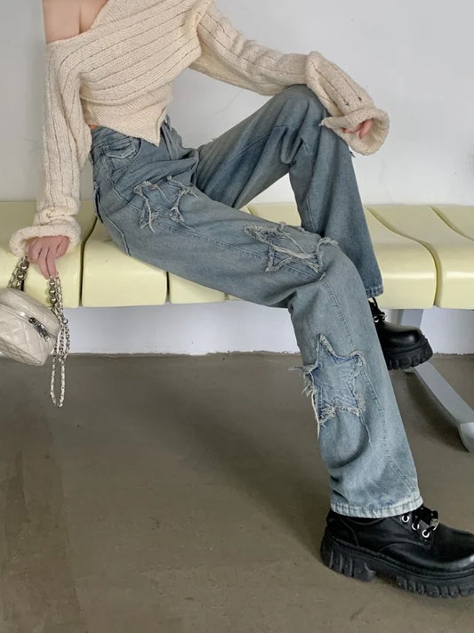Y2k Women Jeans Harajuku Star Patchwork Oversize Hippie 2025 Style Pants