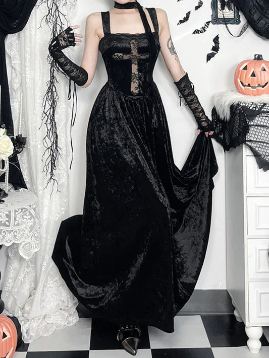 Cross Weave Patchwork Tall Waist Full Dress Black / S