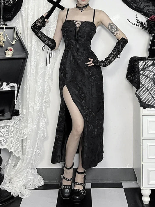 Tie-up Jacquard Thin Spaghetti Medium Dress Black / S