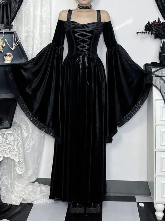 Flare Sleeve Tall Waist Bandage Maxi Dress Black / XS