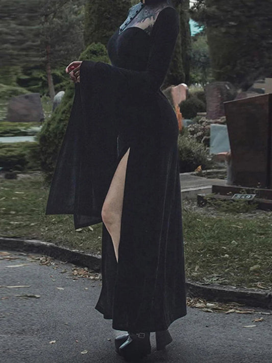 Antique Halloween Lace Patchwork Flare Sleeve Maxi Attire