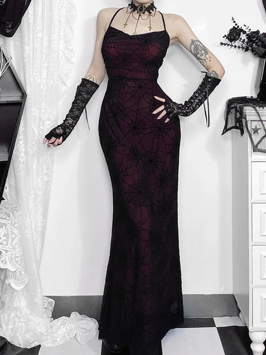 Antique Gloomy Arachnid Net High Waist Full-Length Dress