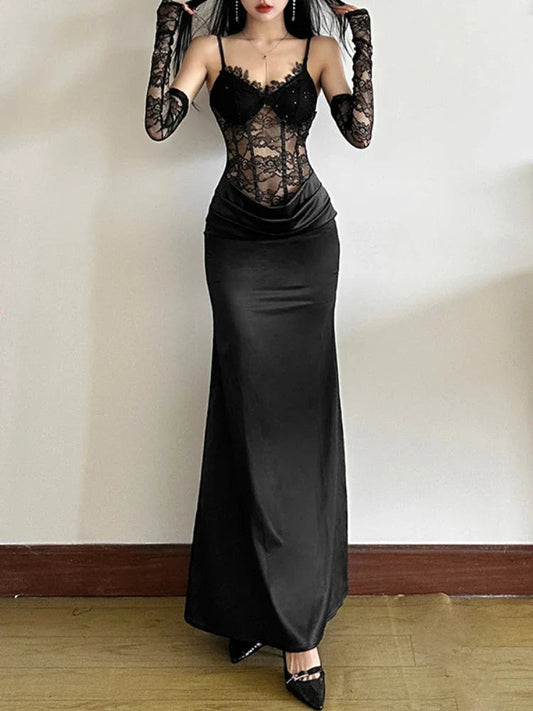 Seductive Bodice Lace Patchwork Elevated Waist Full-Length Dress Black / S