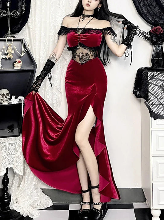 Palatial Fashion Lace Empty Out Full-Length Dress Red / S