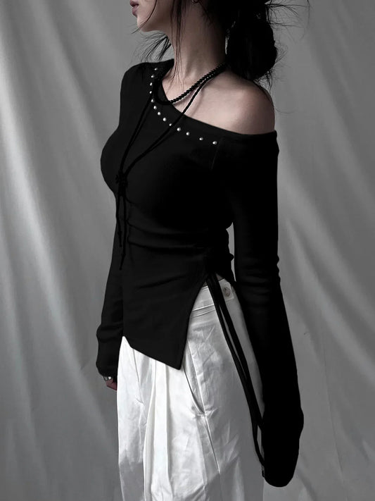 Rivet Skew Collar Knit Top Black / S