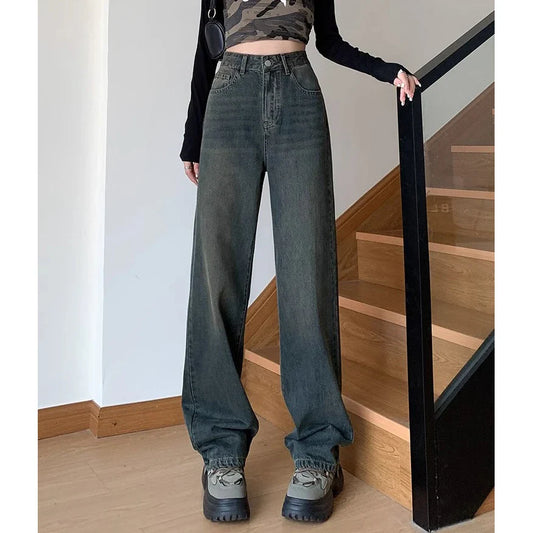 Retro Cement Wide-Leg Female 2025 New High-Waisted Thin Loose Straight Drag Jeans