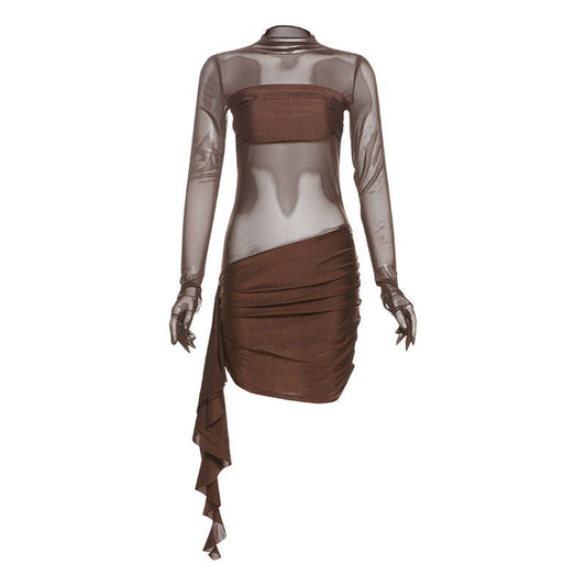 Arrival Mesh Hollow Out Cutout Pleated round Neck Slim Fit Long Sleeved Dress