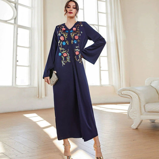 Blue Robe Dress Abaya V neck Embroidery Dress Robe