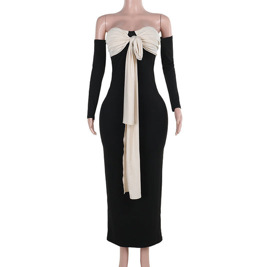 Color Matching Strap Off Shoulder Bandeau Slim Fit