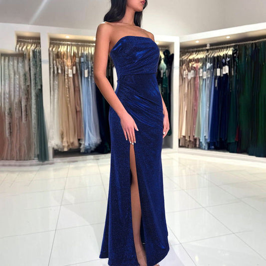 Fashionable, Elegant Slim Fit Thin Glittering Tube Top Pleated Split