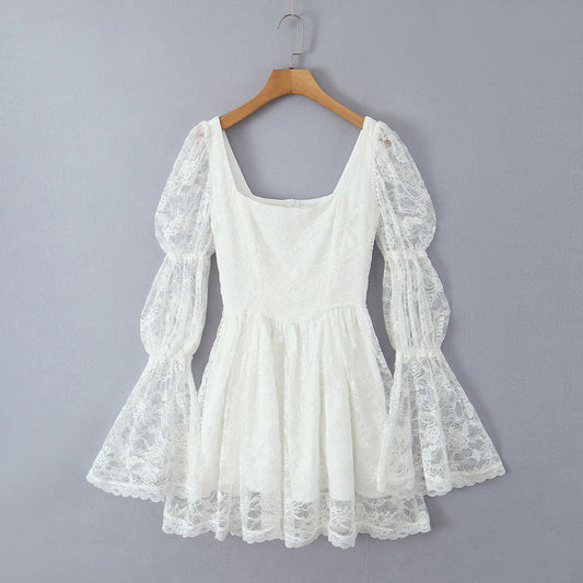 Lace Stitching Elegant Lady Lotus Rhizome Node Solid Color Dress Short Dress