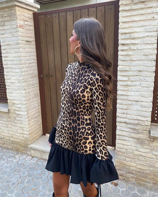 Leopard Print Patchwork Flared Sleeves Slim Mini Long Sleeve Dress
