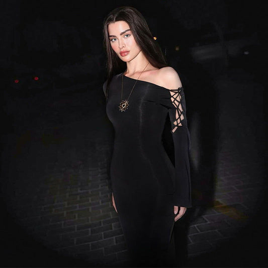 Maxi Dress Solid Color One Shoulder Cold Shoulder Slim Sheath Dress