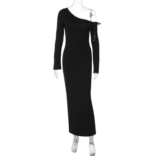 Maxi Dress Solid Color One Shoulder Cold Shoulder Slim Sheath Dress