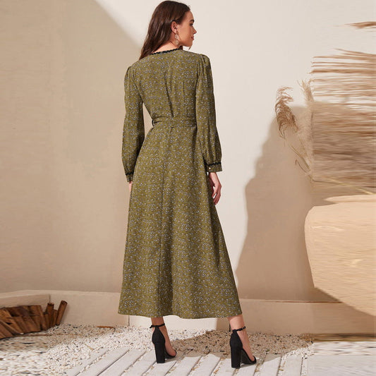 Round Neck Long Sleeve Printed Dress Office Dress