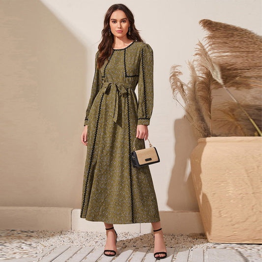 Round Neck Long Sleeve Printed Dress Office Dress