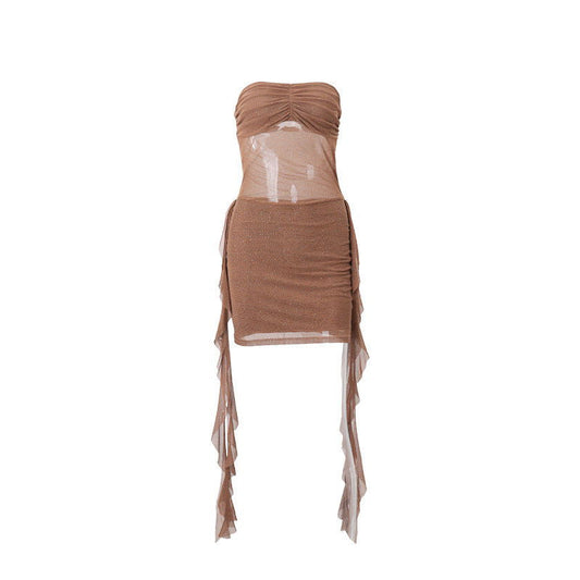 Starry Rhinestone Tube Top Ribbon Mesh See through