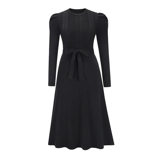 Bubble Long Sleeve Knitted Dress Mid-Length Elegant Slimming High Waist Big Swing Dress Base Sweater Dress