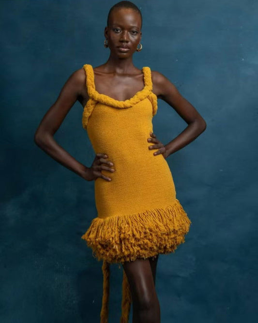 Twine Rope Shoulder Strap Tassel Dress Swing Short Dress