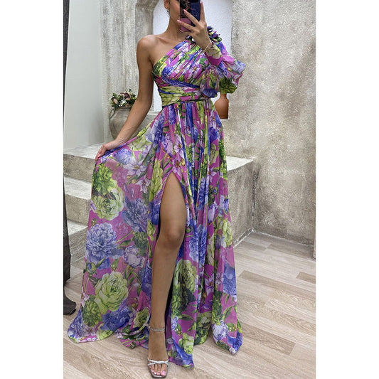 Party Casual Split Dress Loose Multi Color Oblique Shoulder Dress