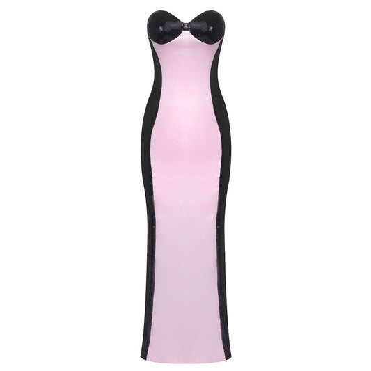 Pink Satin Sequin Ladies Formal Dress Tube Top Elegant