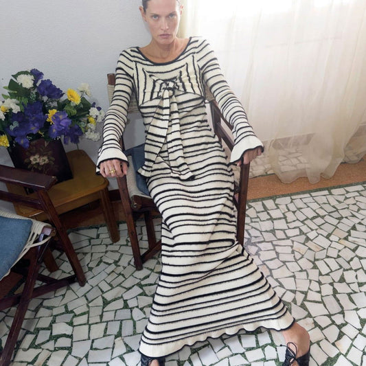 Striped Round Neck Contrast Color Bell Sleeve Lace Up Decorative Sheath Dress