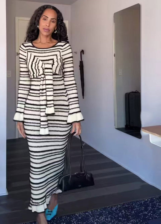 Striped Round Neck Contrast Color Bell Sleeve Lace Up Decorative Sheath Dress