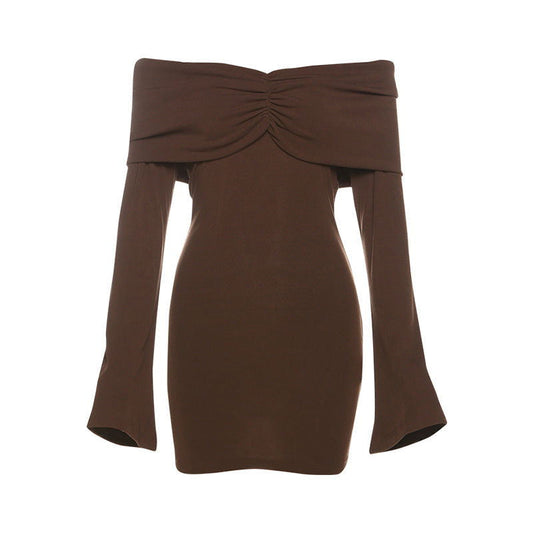 Retro off Neck Slim Solid Color Bell Sleeve