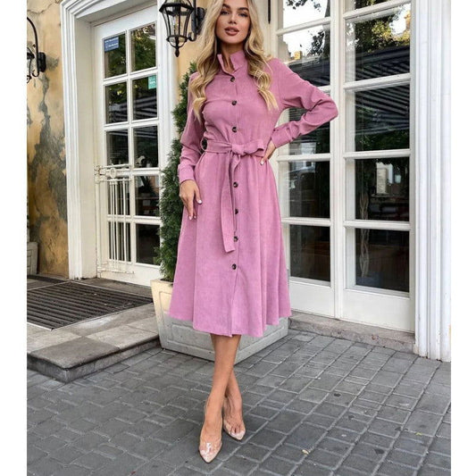 Solid Color Tied Button Shirt Dress