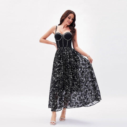 Beaded Beauty Back Underwear One Piece Boning Corset Dress Elegant Slightly Mature Fireworks Printing Chiffon Dress
