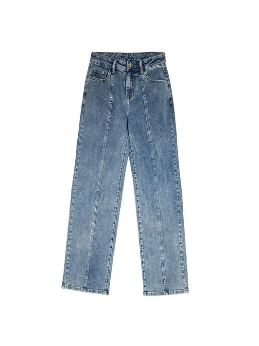 Ladies Fashion Blue Wide Leg Trousers For Women Mid Waisted Loose Casual Straight Denim Jeans