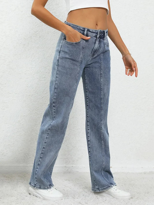 Ladies Fashion Blue Wide Leg Trousers For Women Mid Waisted Loose Casual Straight Denim Jeans