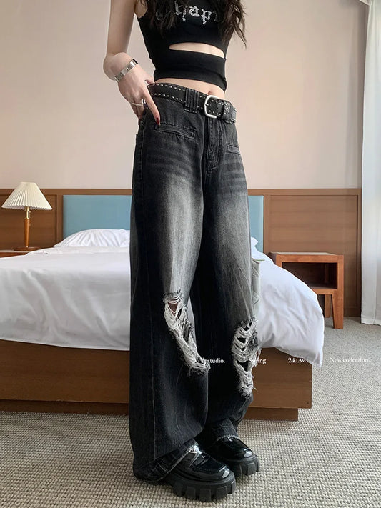 Punk Industry Washed Ripped Women Street Hip Hop Y2k Vintage Straight Without Belt Jeans