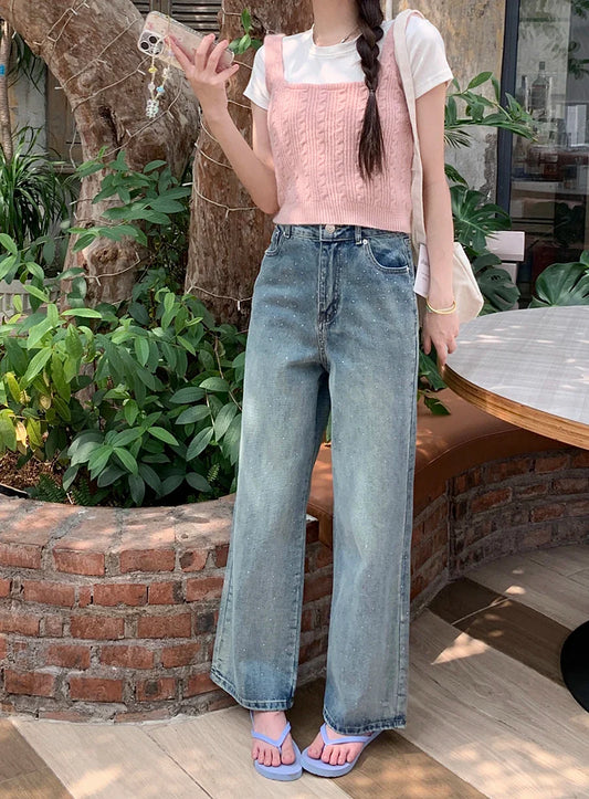 Women's Diamond High Waist Washed Casual Streetwear Blue Retro Straight Wide-Leg 2025 Jeans