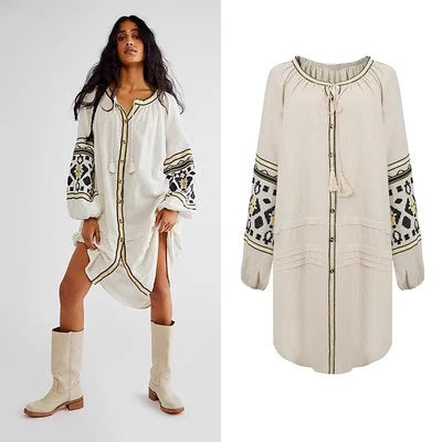 FashionSierra - 2025 Cotton Floral Embroidery O-neck Boho Dress