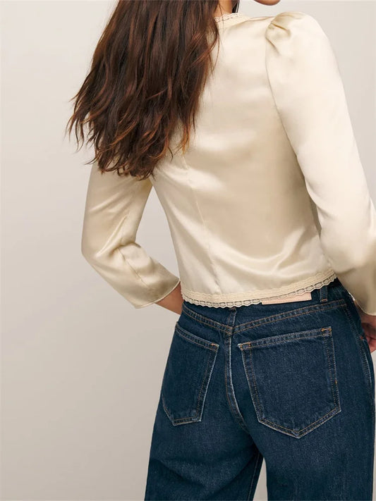 FashionSierra - Elegant Long Sleeve Square Neck Lace Trim Tie Up Cardigans Party Club Streetwear Tee