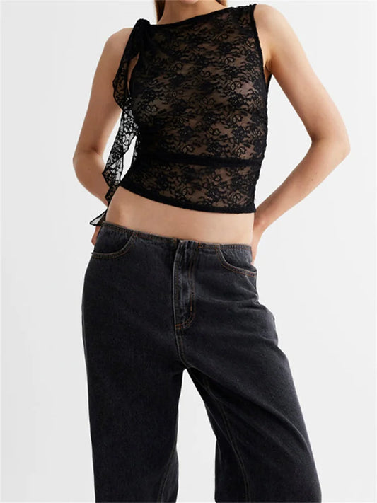 FashionSierra - 2024 Lace Floral See Through Tank for Women Mesh Sheer Sleeveless Tassels Sexy Black Slim Mini Vests Streetwear  Crop Tops