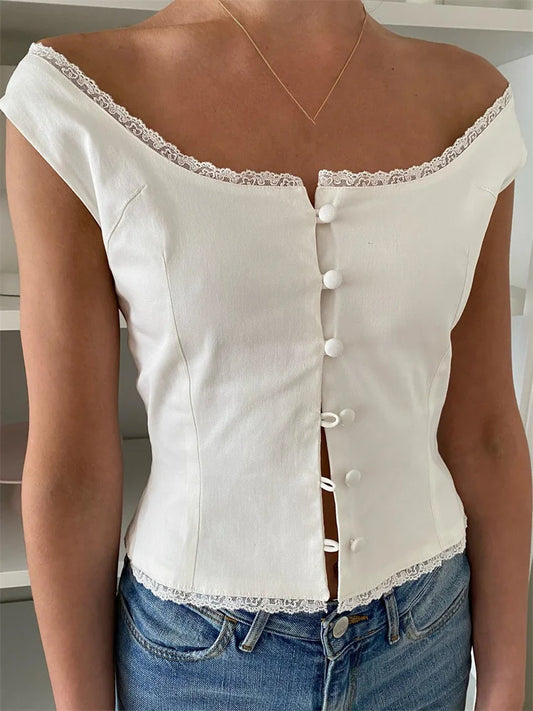 FashionSierra - 2024 Low Cut O-neck Tank Elegant Buttons Up Lace Patchwork White Solid Sleeveless Vest Streetwear Crop Tops